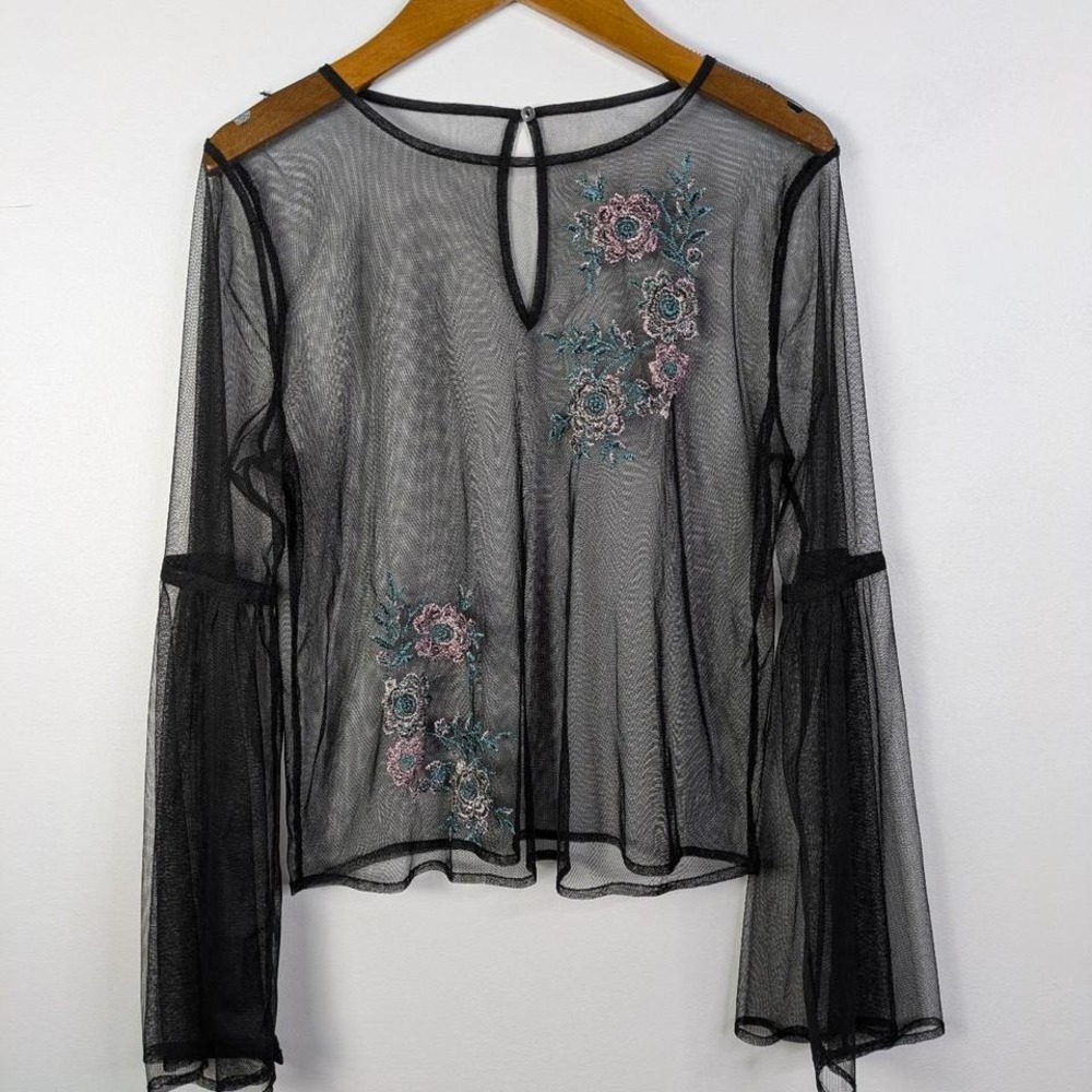 Mesh Long Sleeve Top M? Embroidered Floral Bell Sleeves Layering Sheer
